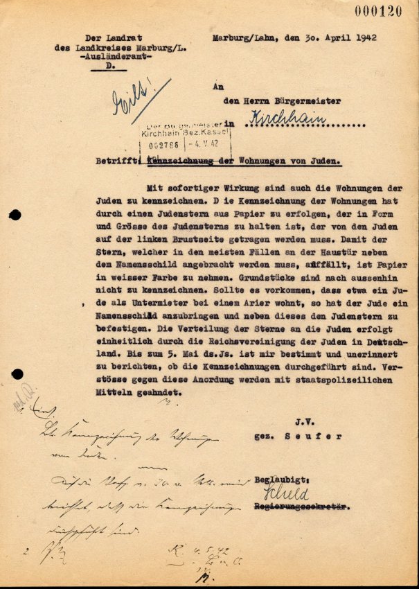 Der Landrat in Marburg Abt. Ausländeramt an den Bürgermeister in Kirchhain, betr. Kennzeichnung der Wohnungen von Juden, 30. April 1942