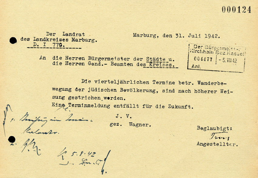 Der Landrat in Marburg an die Bürgermeister der Städte und die Gend. Beamten des Kreises, btr. die "vierteljährlichen Termine zur Wanderbewegung der Juden", 31. Juli 1942