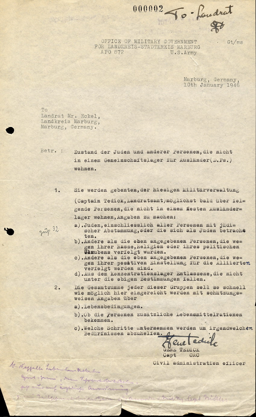 Schreiben des Civil administration officer Gene Tedick an den Landrat in Marburg Eckel betreffend Angaben zu u. a. Juden, 10. Januar 1946.