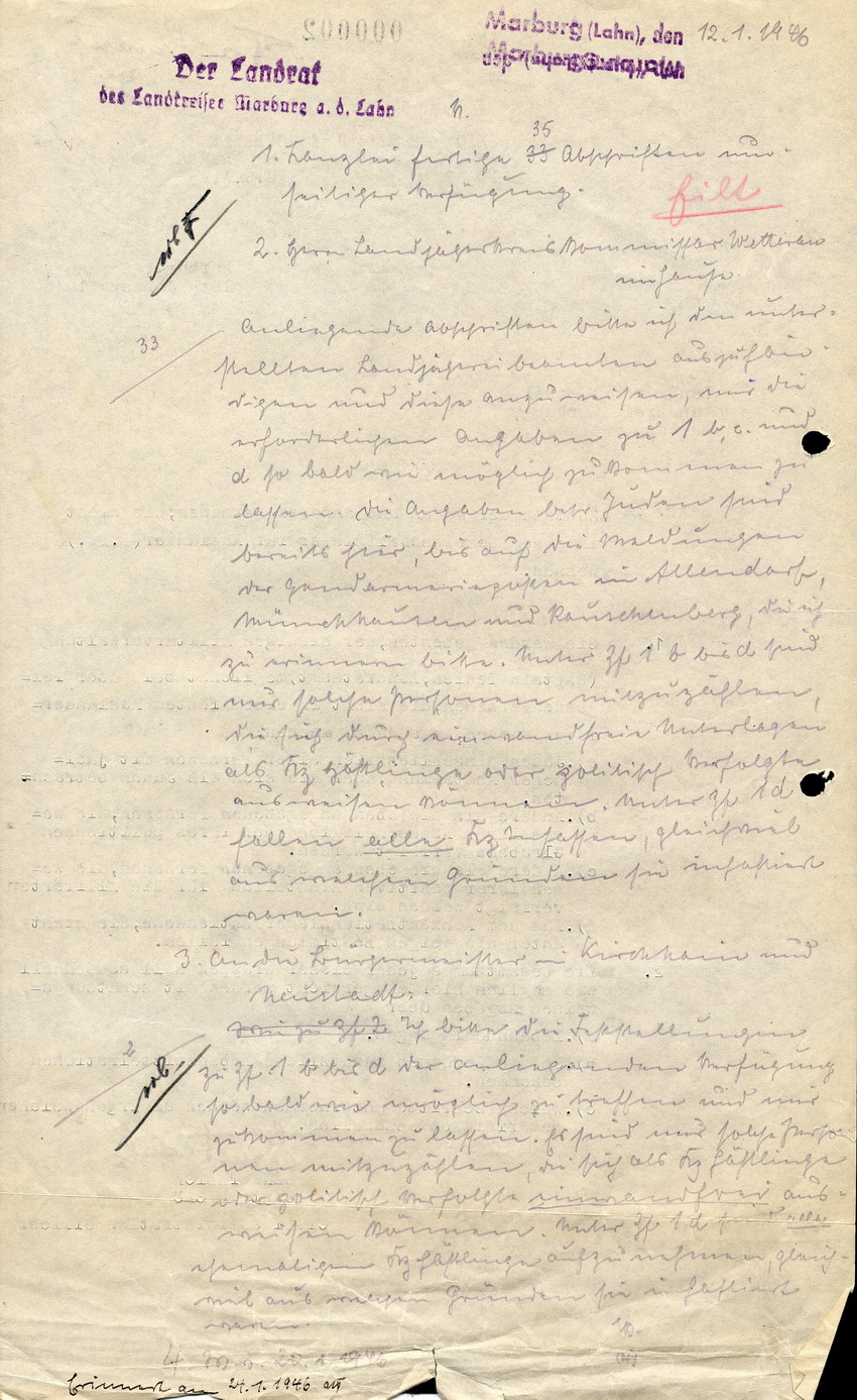 Schreiben des Civil administration officer Gene Tedick an den Landrat in Marburg Eckel betreffend Angaben zu u. a. Juden, 10. Januar 1946.