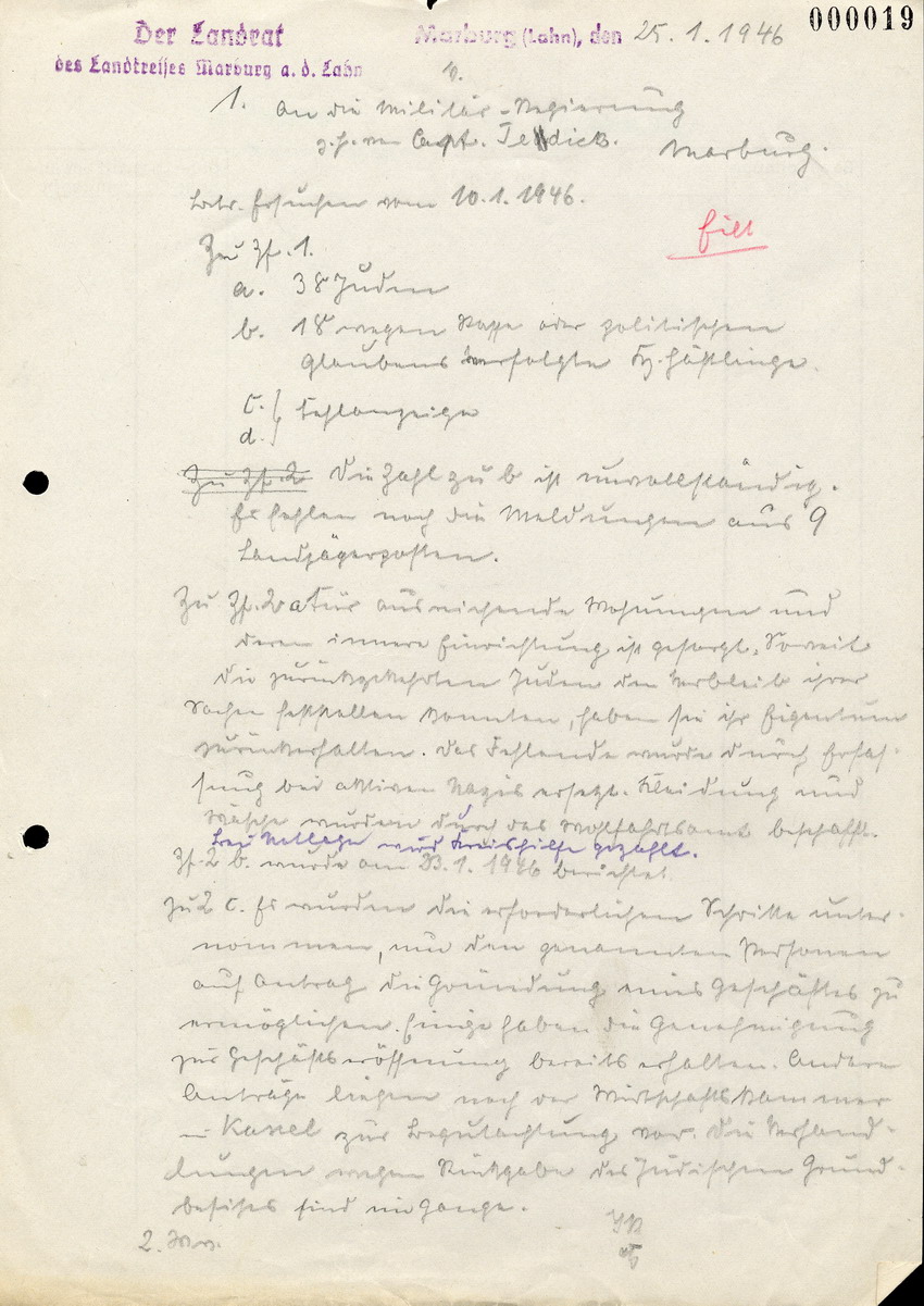 Antwortschreiben des Landrats in Marburg an Tedick von der Militärregierung betreffend Angaben zu u. a. Juden, 25. Januar 1946.