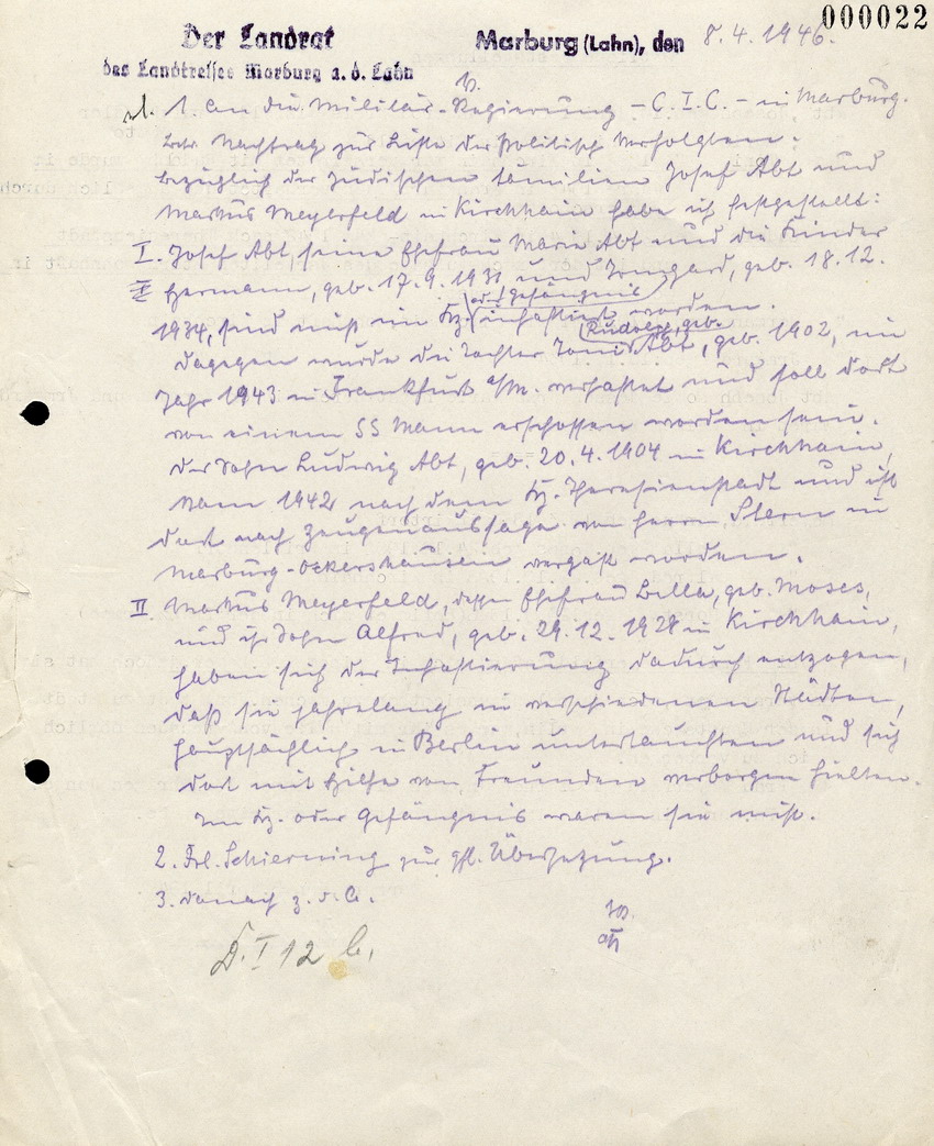 Schreiben des Landrats in Marburg an die Militärregierung betreffend Nachtrag zu Angaben über Juden, 8. April 1946.