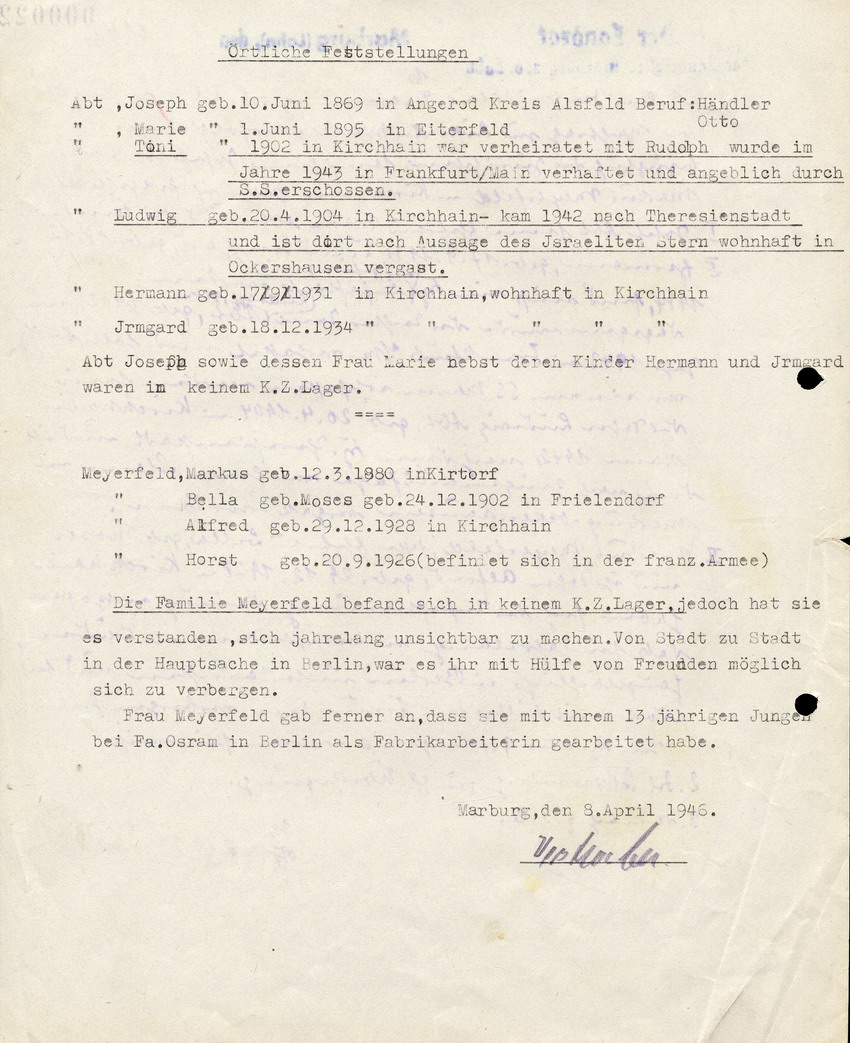 Schreiben des Landrats in Marburg an die Militärregierung betreffend Nachtrag zu Angaben über Juden, 8. April 1946.