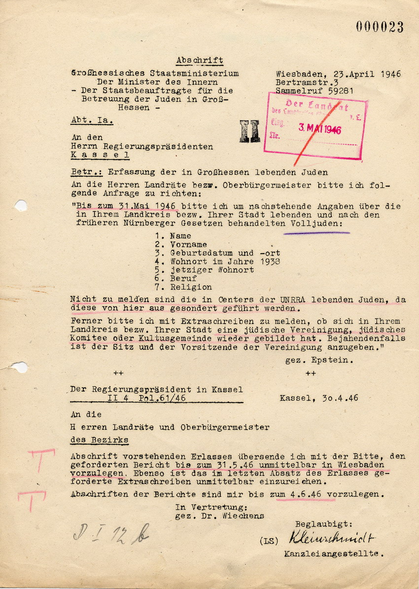 Erlass des Staatsbeauftragen für die Betreuung der Juden in "Großhessen" Epstein betreffend Erfassung der in "Großhessen" lebenden Juden, 23. April 1946.