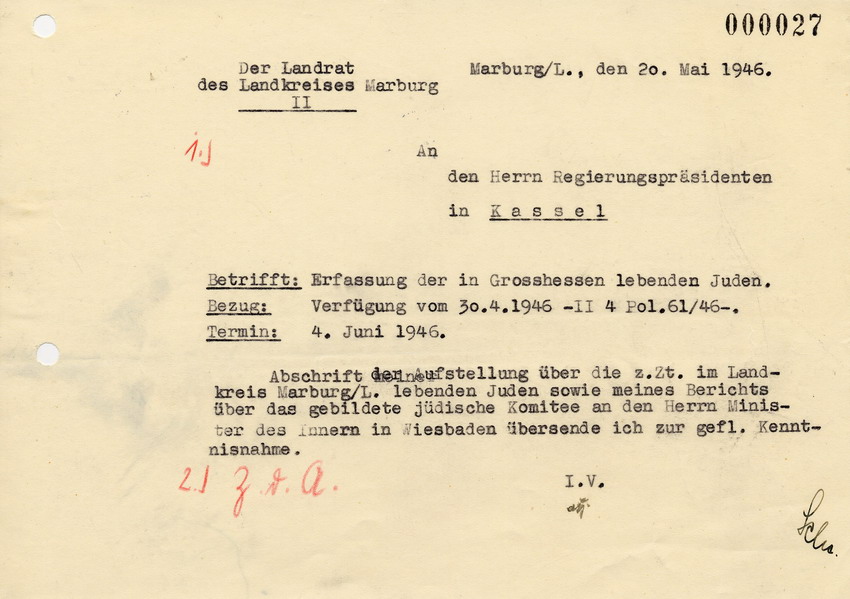 Antwortschreiben des Landrats in Marburg an den Regierungspräsidenten in Kassel betreffend Aufstellung der im Landkreis lebenden Juden und Bildung eines jüdischen Komitees, 20. Mai 1946.