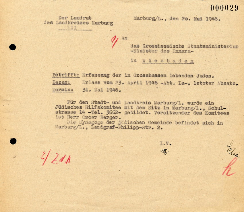 Antwortschreiben des Landrats in Marburg an den Regierungspräsidenten in Kassel betreffend Aufstellung der im Landkreis lebenden Juden und Bildung eines jüdischen Komitees, 20. Mai 1946.
