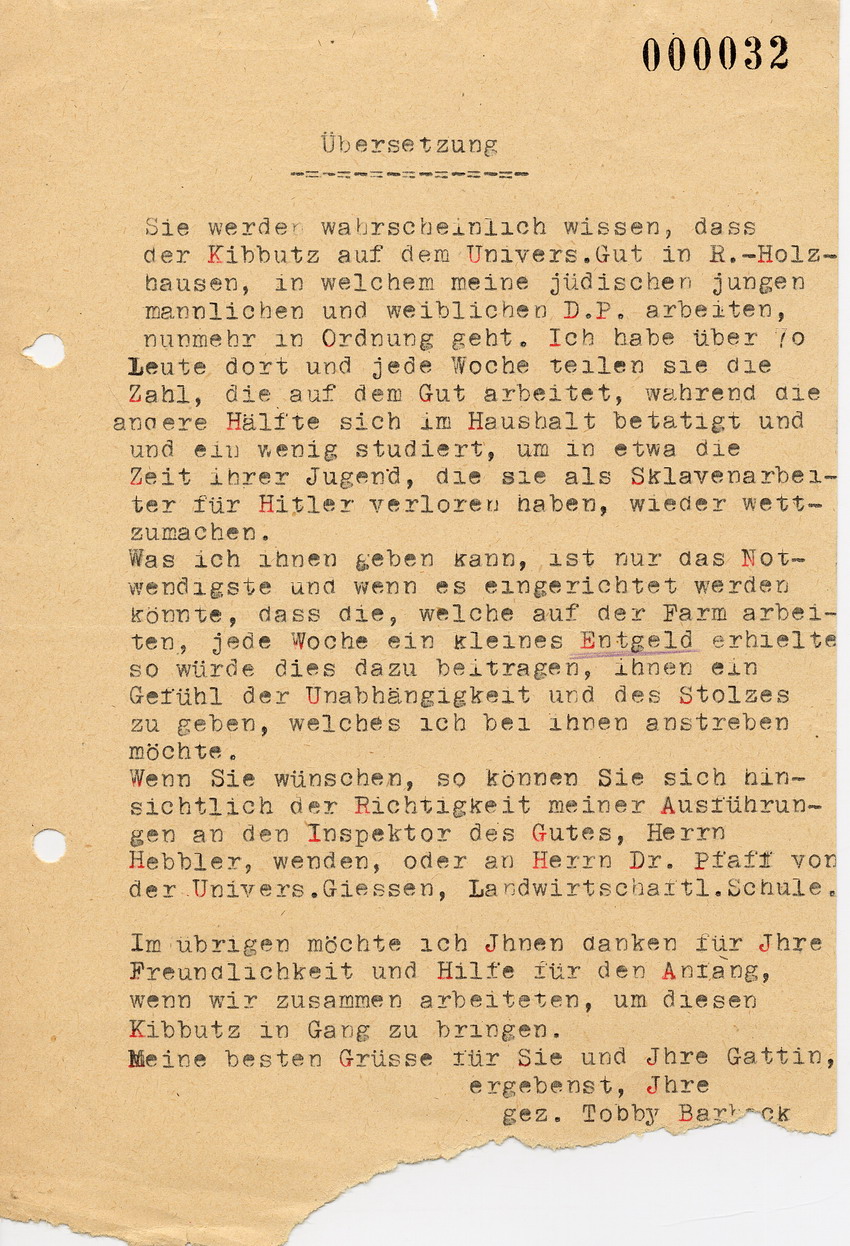 Schreiben von Toby Barback vom Jewish Committee for Relief Abroad an den Landrat in Marburg Eckel betreffend Entgelt für jüdische Displaced Persons, 20. Juni 1946.