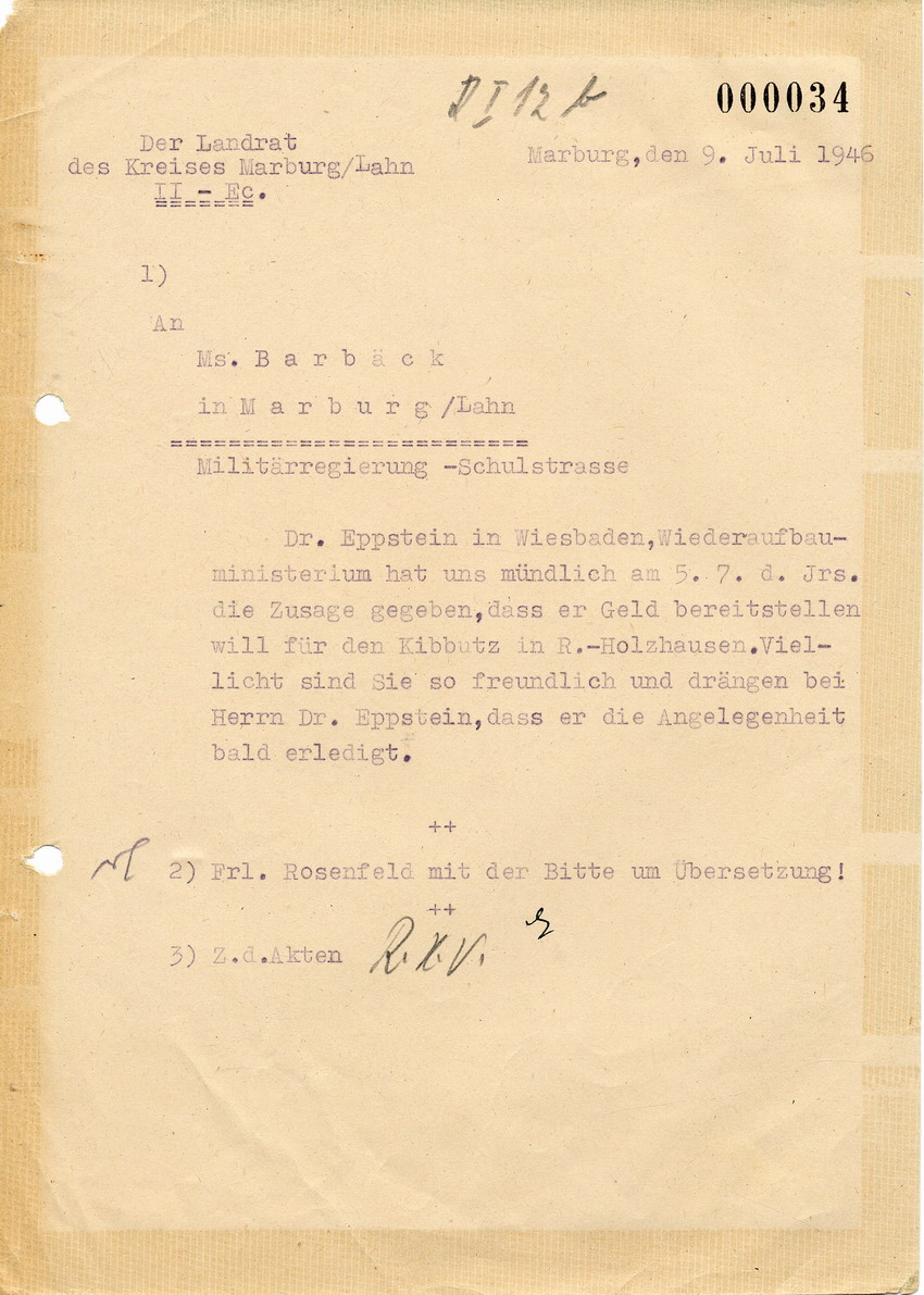 Antwortschreiben des Landrats in Marburg an Barback betreffend Entgelt, 9. Juli 1946.