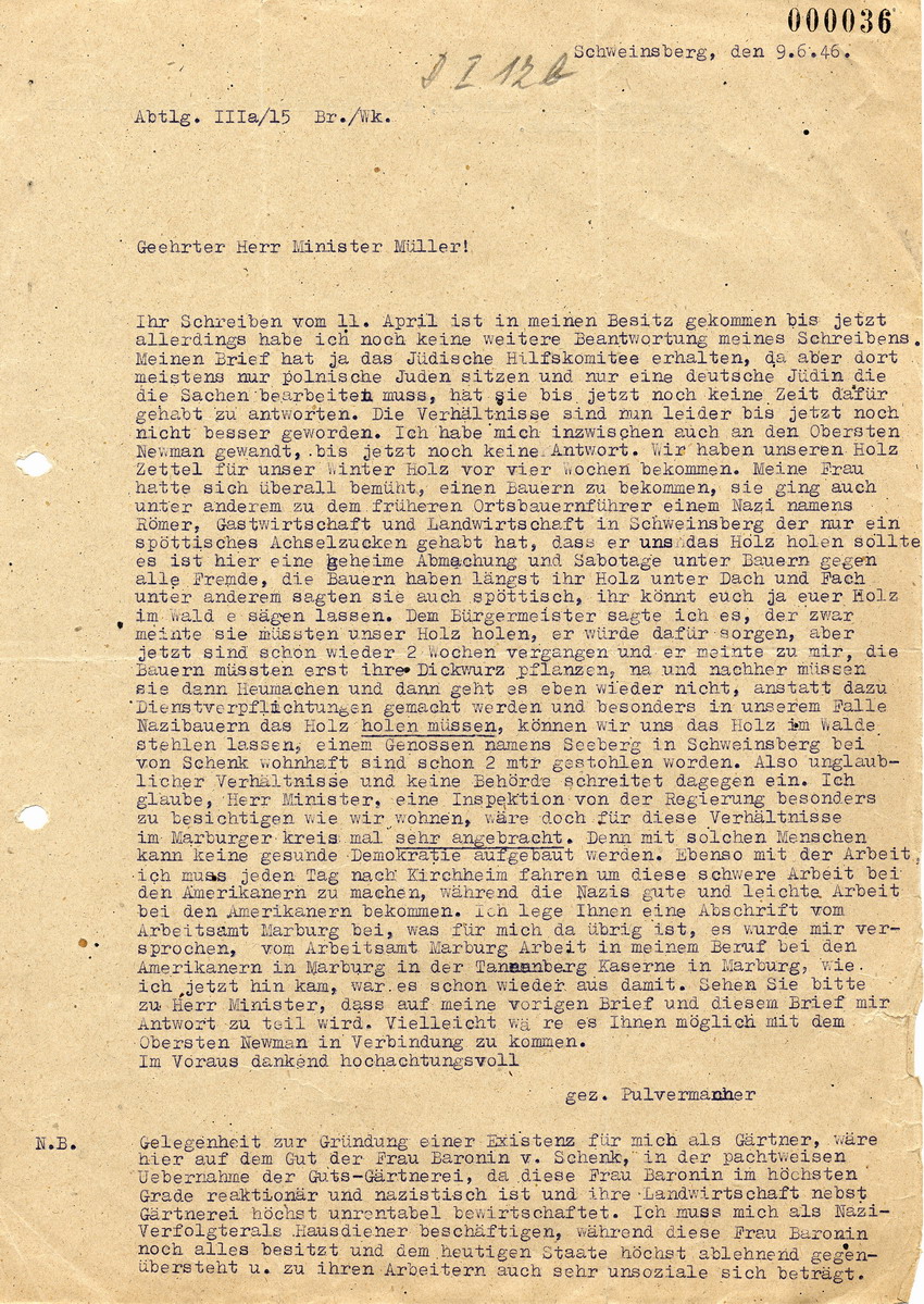 Schreiben des Gärtners Hans Pulvermacher an Minister Müller betreffend Beschaffung von Holz und Gründung einer eigenen Existenz, 9. Juni 1946.