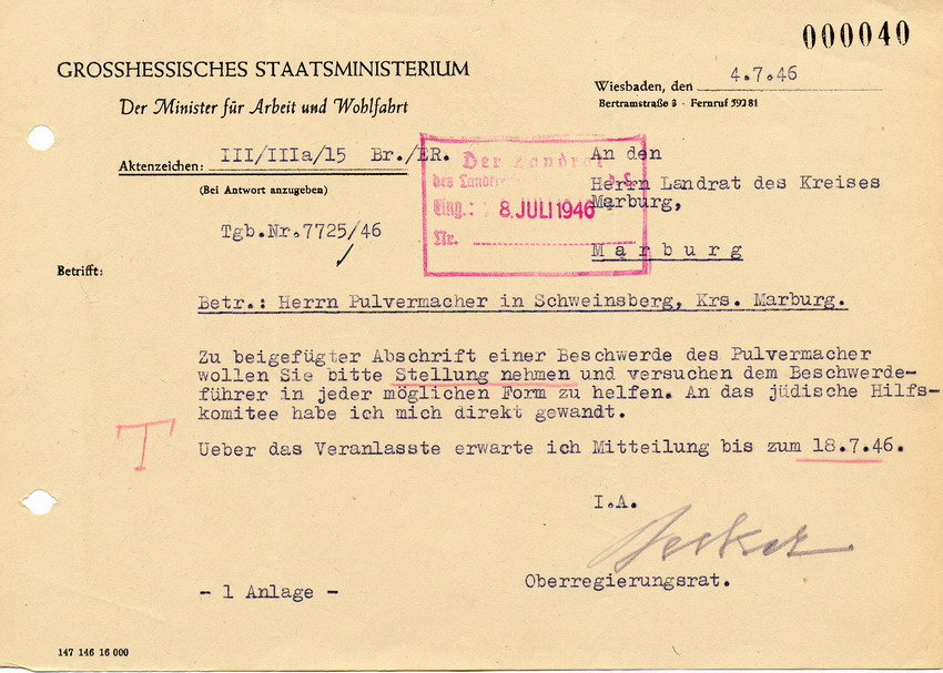 Schreiben des Ministers für Arbeit und Wohlfahrt im Grosshessischen Staatsministerium betreffend Beschwerde von Hans Pulvermacher, 4. Juli 1946.