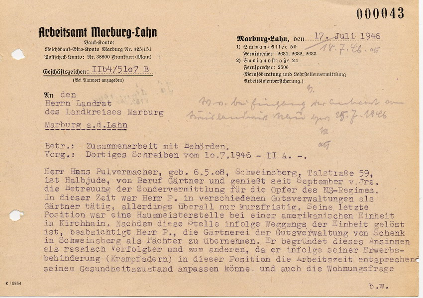 Schreiben des Arbeitsamtes Marburg an den Landrat in Marburg betreffend Arbeitsstellen von Hans Pulvermacher, 18. Juli 1946.