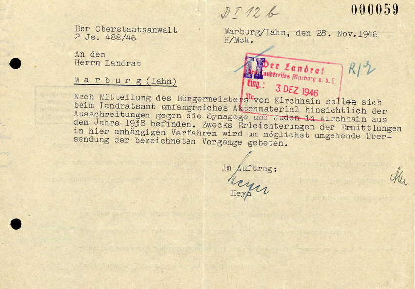 Schreiben des Oberstaatsanwalts Heyn an den Landrat in Marburg betreffend Akten zu Ausschreitungen in Kirchhain gegen Juden im Jahr 1938, 28. November 1946.