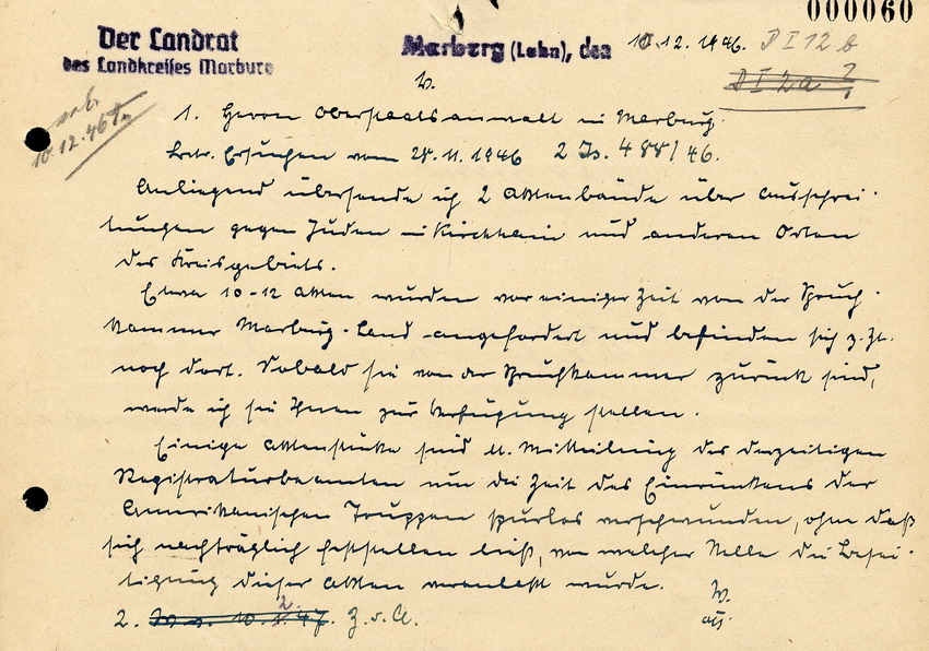 Antwortschreiben des Landrats in Marburg an den Oberstaatsanwalt in Marburg betreffend Akten zu Ausschreitungen in Kirchhain gegen Juden in Kirchhain, 10. Dezember 1946.