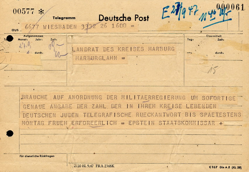 Telegramm von Staatskommissar Epstein aus Wiesbaden an den Landrat in Marburg betreffend Anzahl der im Kreis lebenden deutschen Juden, 27. September 1947.