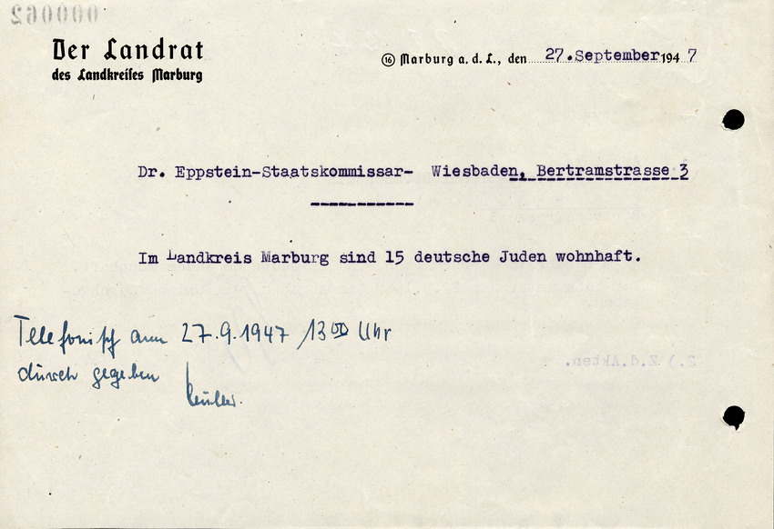 Aktennotiz des Landrats in Marburg betreffend telefonische Durchgabe der Anzahl der im Landkreis lebenden deutschen Juden, 27. September 1947.