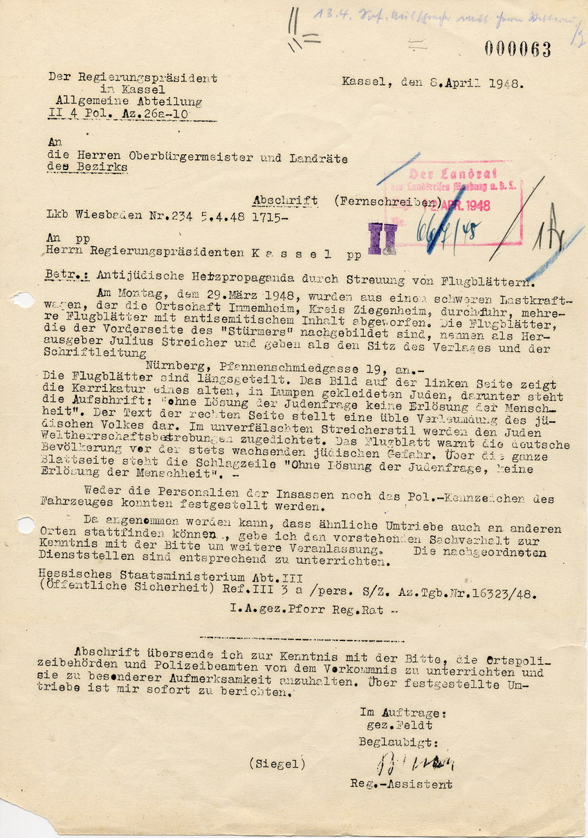 Durch den Regierungspräsidenten in Kassel weitergeleitetes Schreiben des Hessischen Staatsmininsteriums betreffend Flugblätter mit antisemitischen Inhalt, 8. April 1948.