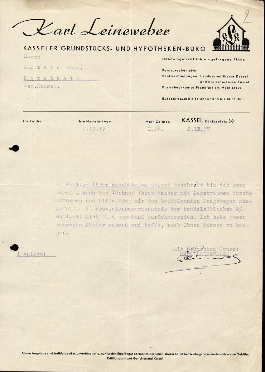 Karl Leineweber Grundstücks und Hypotheken Büro an Z. Stern Sohn, betreffend den Verkauf der Firma und Lagerräume, 2. Dezember 1937