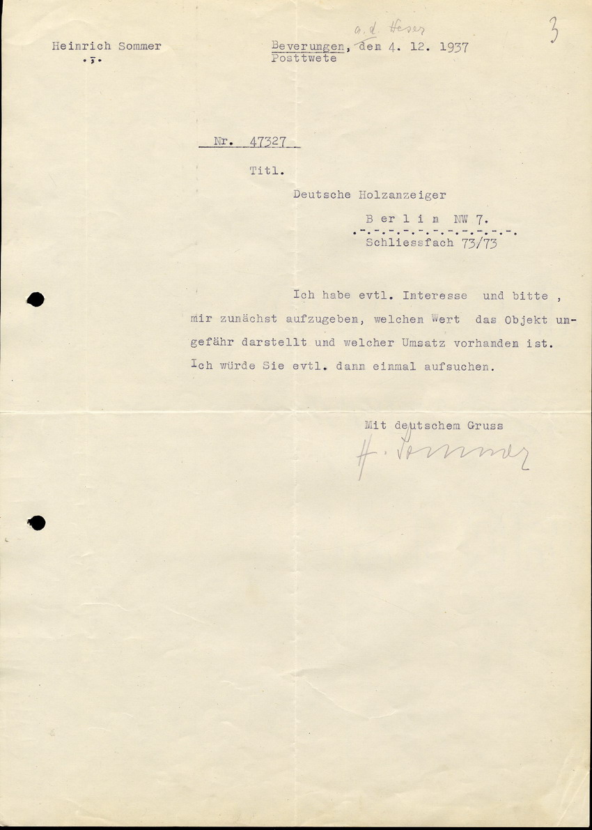 Heinrich Sommer an Z. Stern, betreffend dessen Anzeige im Deutschen Holzanzeiger, 4. Dezember 1937