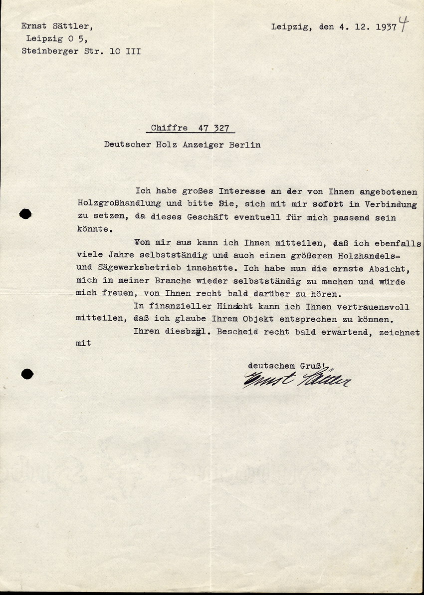 Ernst Sättler an Z. Stern, betreffend dessen Anzeige im Deutschen Holzanzeiger, 4. Dezember 1937