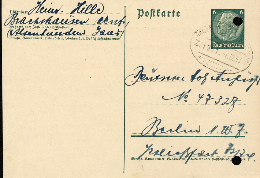 Heinrich Hille in Brackenhausen an Z. Stern, Kirchhain, btr. dessen Anzeige im Holzanzeiger, 6. Dezember 1937