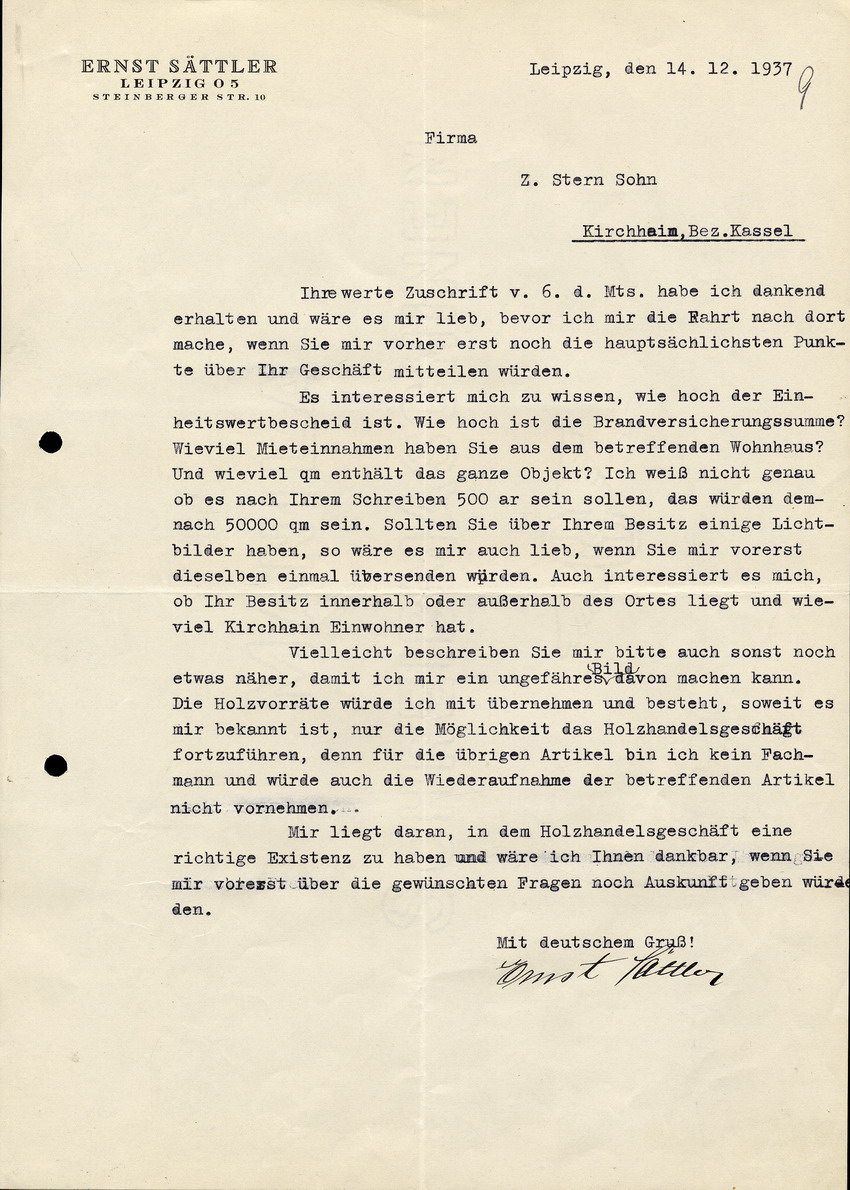 Ernst Sättler in Leipzig an Z. Stern, Kirchhain, betreffend dessen Zuschrift zum Verkauf seiner Firma vom 6. d. Mts, 14. Dezember 1937
