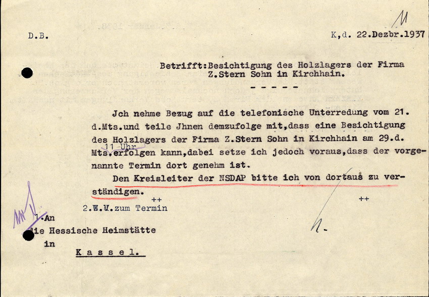 Der Bürgermeister in Kirchhain an die Hessische Heimstätte in Kassel, betreffend einer Besichtigung des Holzlagers der Firma Z. Stern, 22. Dezember 1937