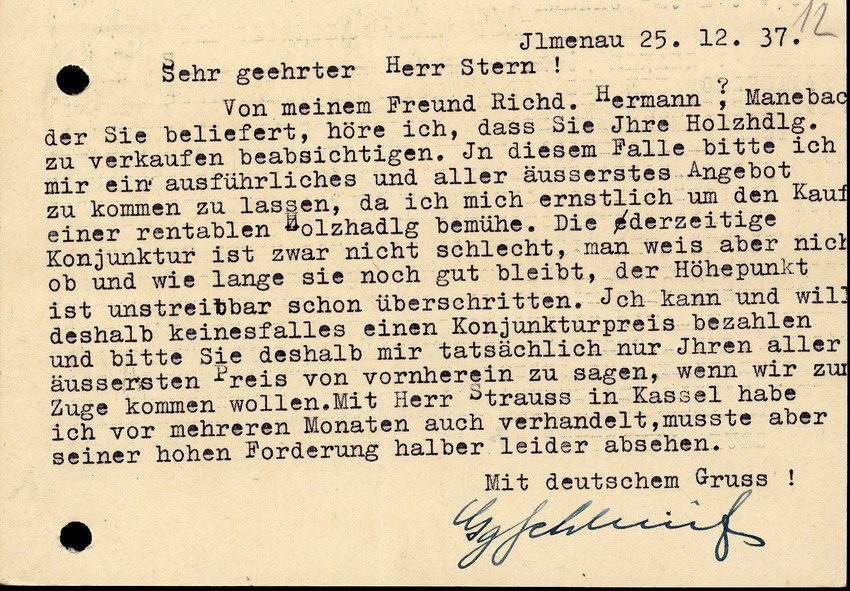 Georg Schleinitz in Ilmenau an Z.Stern in Kirchhain,betreffend den anstehenden  Verkauf der Firma, 25. Dezember 1937