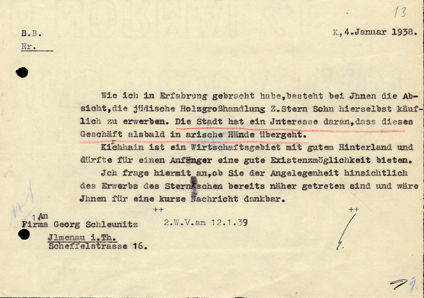 Der Bürgermeister in Kirchhain an die Firma Georg Schleinitz in Ilmenau, betreffend des Verkaufs der Firma. , 4. Januar 1938