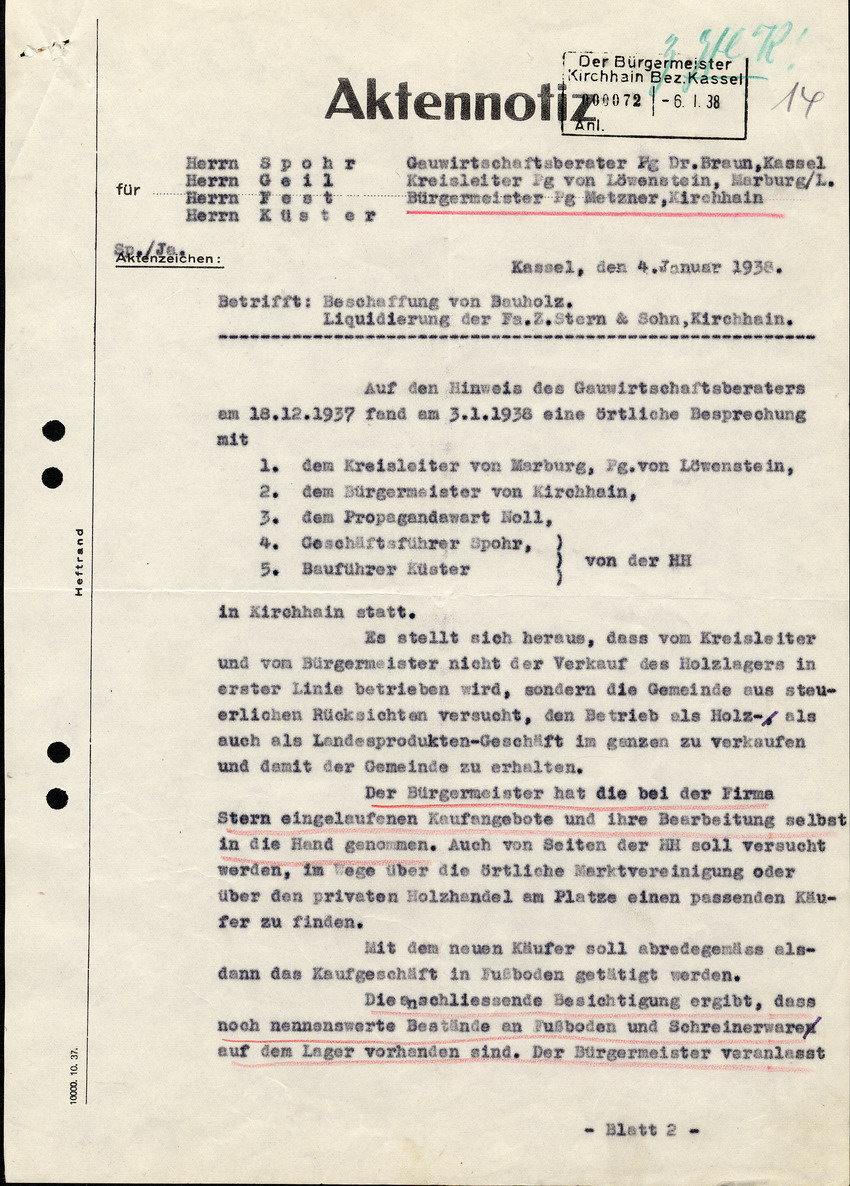 Aktennotiz des Bürgermeisteramtes Kirchhain, betreffend die "Liquidierung der Firma Z. Stern & Sohn" sowie die Beschaffung von Bauholz, 4. Januar 1938