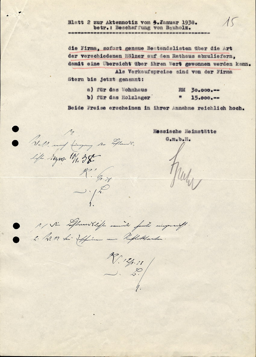 Aktennotiz des Bürgermeisteramtes Kirchhain, betreffend die "Liquidierung der Firma Z. Stern & Sohn" sowie die Beschaffung von Bauholz, 4. Januar 1938