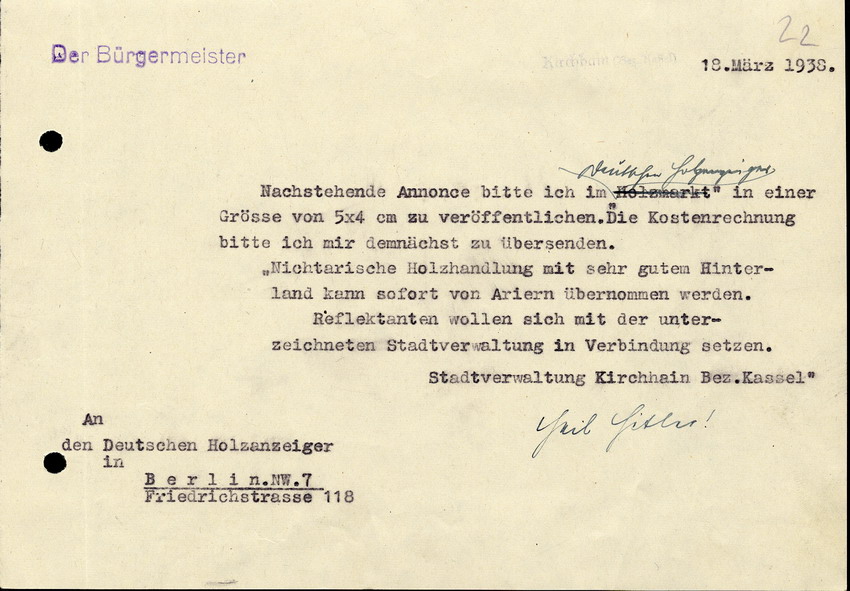 Der Bürgermeister in Kirchhain an den Deutschen Holzanzeiger, btr. Einer Anzeige zum Verkauf 18. März 1938