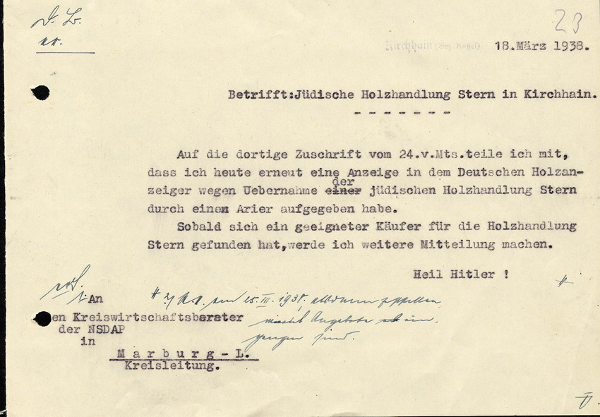 Der Bürgermeister in Kirchhain an den Kreiswirtschaftsberater der NSDAP in Marburg, btr. Verkauf der jüd. Holzhandlung Stern in Kirchhain, 18. März 1938