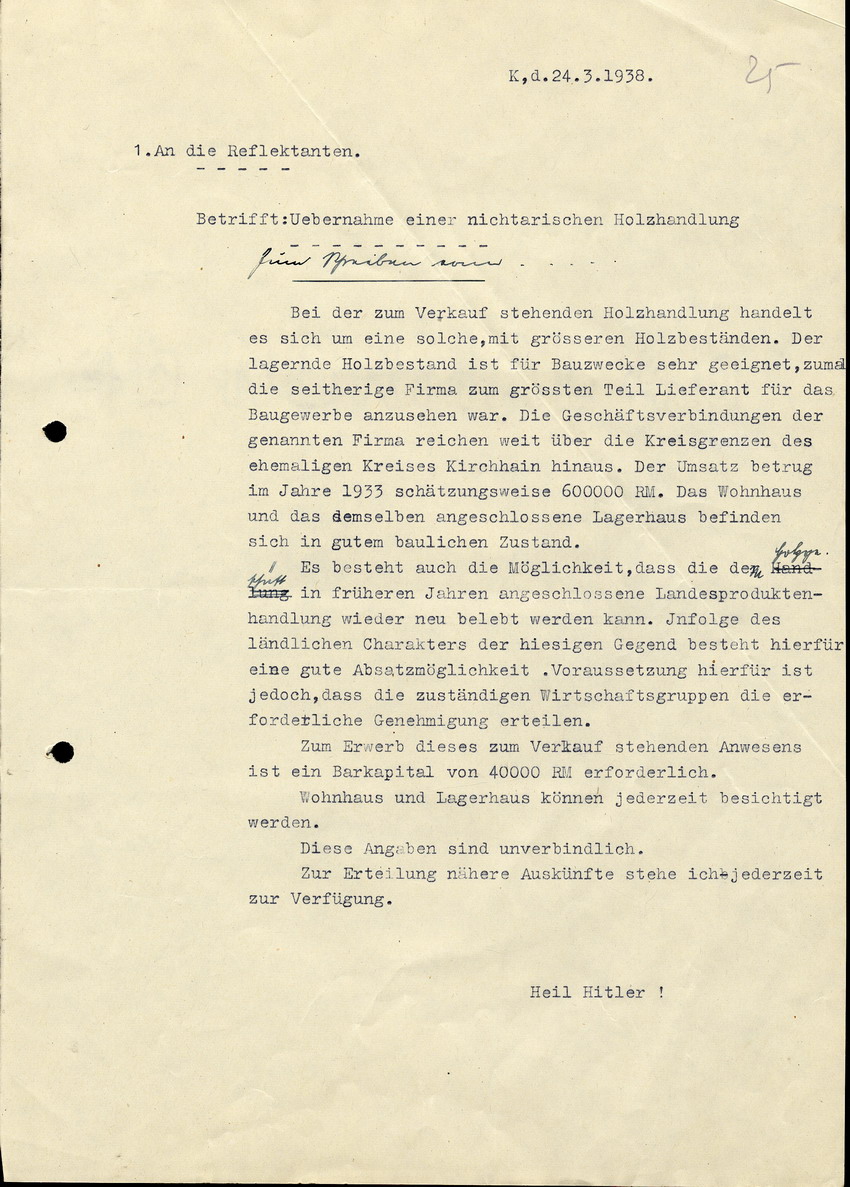 Der Bürgermeister in Kirchhain an die Reflektanten,btr. Übernahme der "nichtarischen" Holzhandlung Z.Stern,  24.03.1938