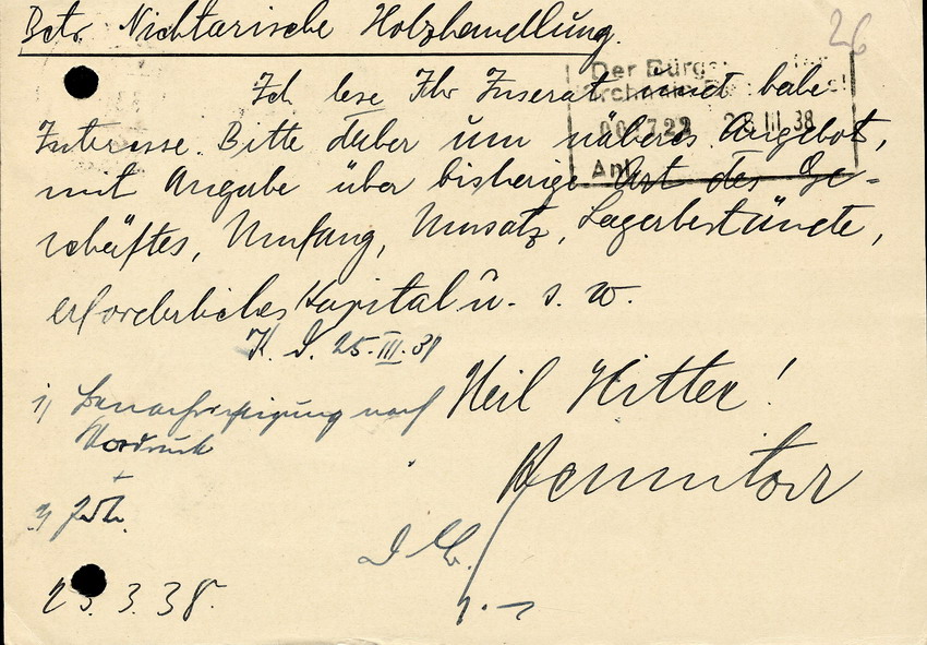 Fr. Kemnitzer in München an die Stadtverwaltung Kirchhain, btr. "Nichtarische Holzhandlung",  23. März 1938