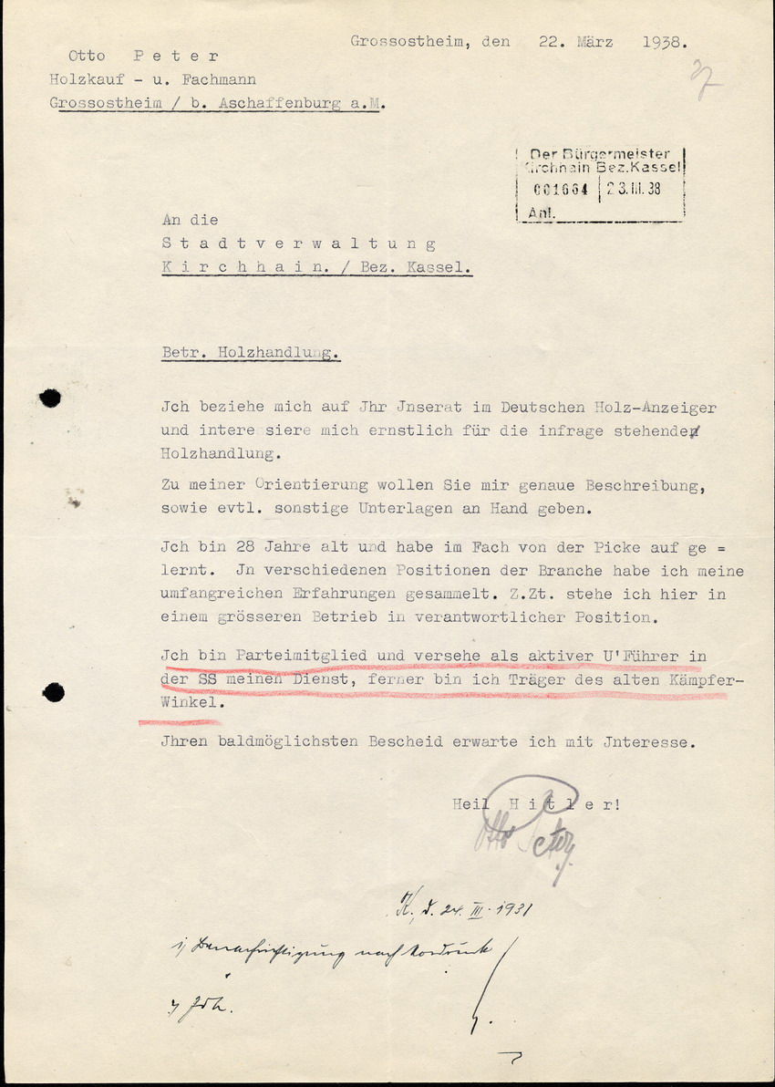 Otto Peter Holzverkauf in Aschaffenburg an die Stadtverwaltung Kirchhain, btr. Holzhandlung, 22. März
