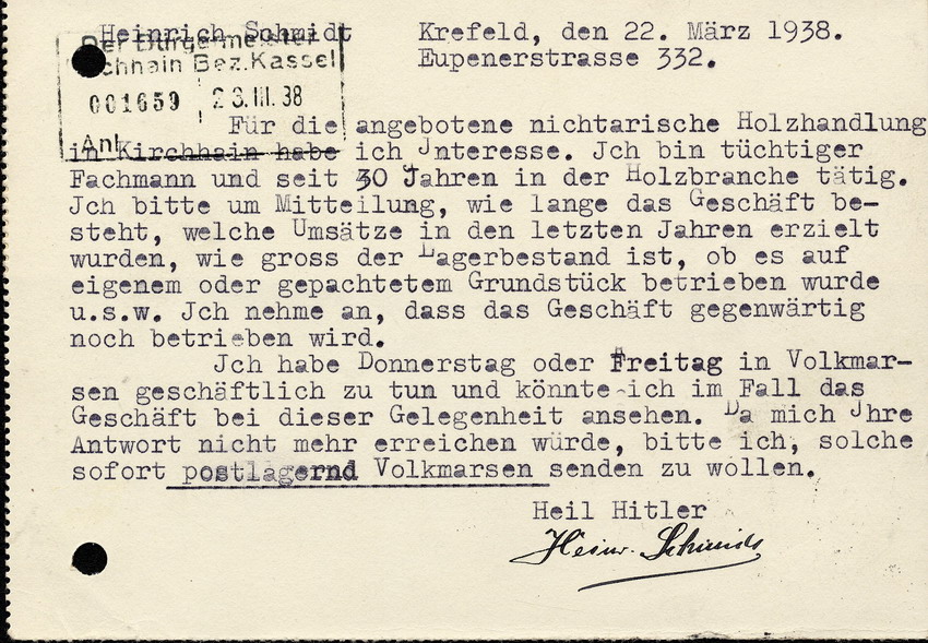 Heinrich Schmidt in Krefeld an die Stadtverwaltung Kirchhain, btr. Holzhandlung Stern, 22. März 1938