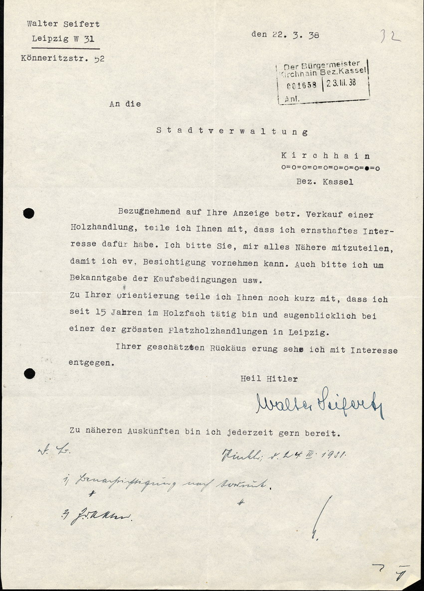 Walter Seifert in Leipzig an die Stadtverwaltung Kirchhain, btr. Verkauf einer Holzhandlung, 22. März 1938