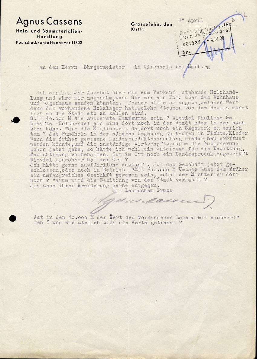 Agnus Cassens Holz und Baumaterialien-Handlung an den Bürgermeister in Kirchhain , btr. Verkauf der Holzhandlung Z. Stern, 2. April 1938