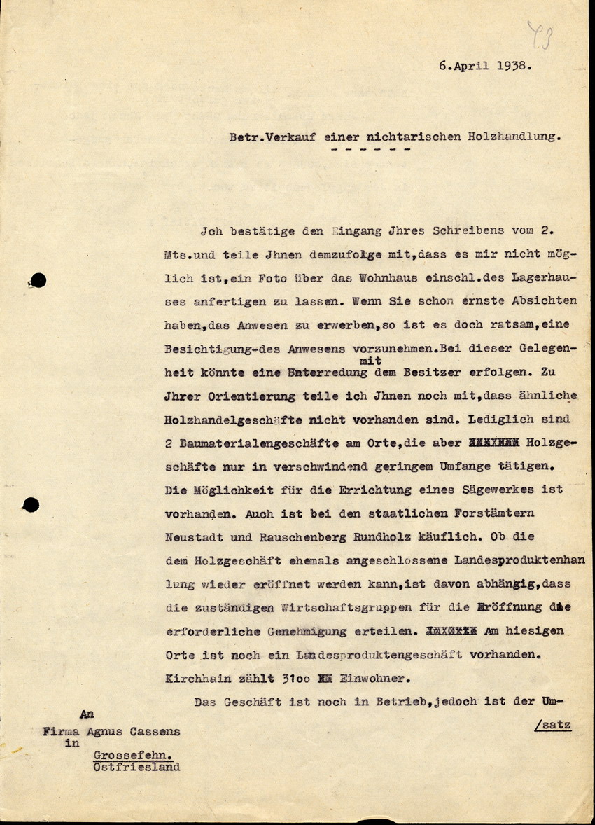 Der Bürgermeister in Kirchhain an die Firma Agnus Cassens in Grossefehn Ostfriesland, btr. "Verkauf einer nichtarischen Holzhandlung" 6. April 1938