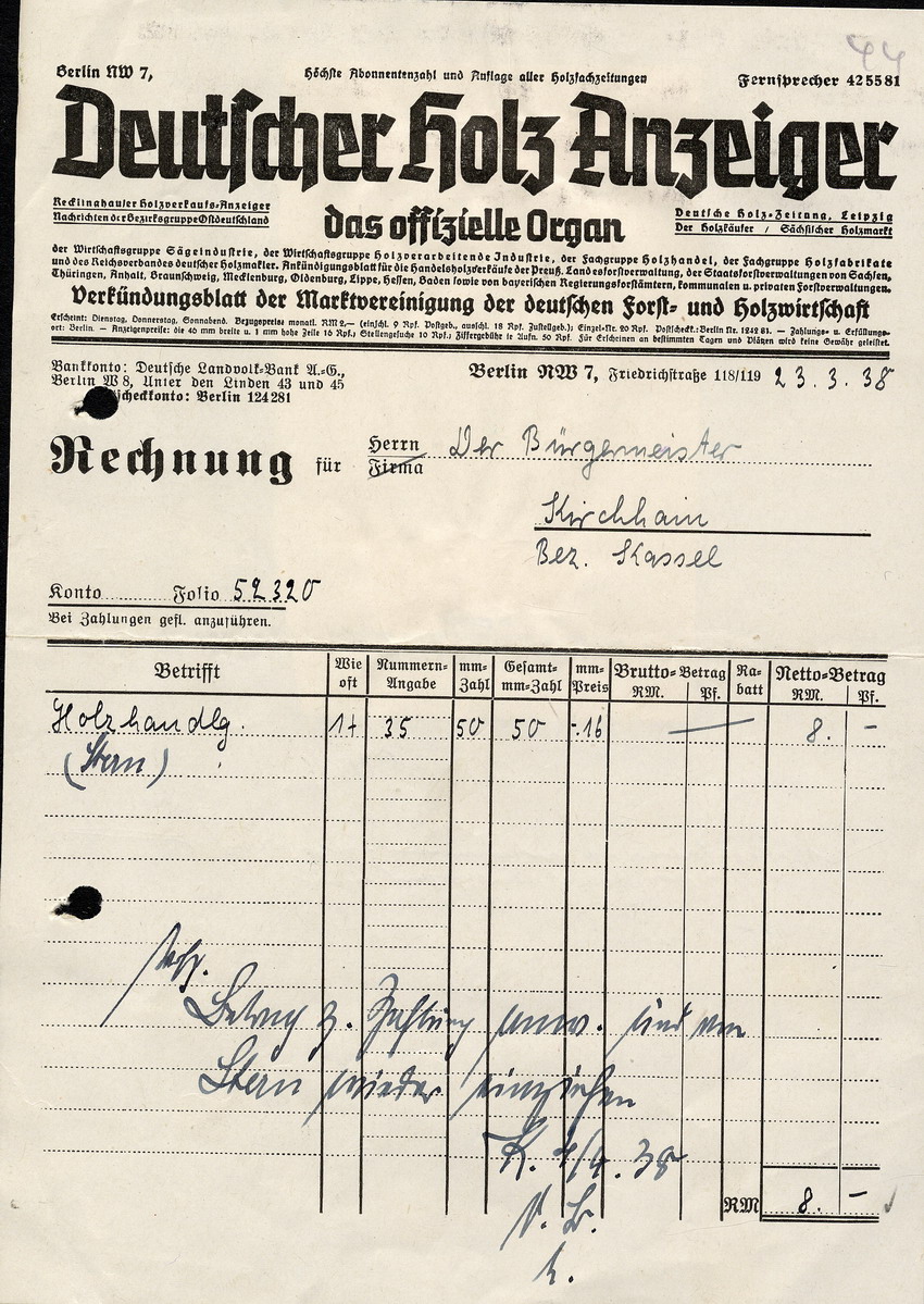 Der Deutsche Holz-Anzeiger an den Bürgermeister in Kirchhain, btr. Rechnung für eine Anzeige, 23. März 1938