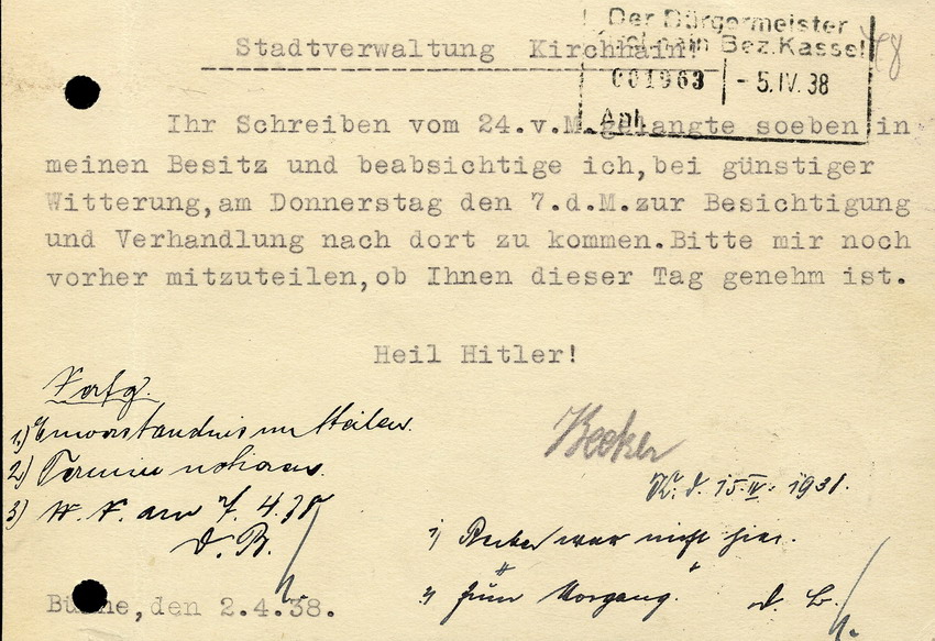 Die Firma J. Becker in Bühne /Westf.) an die Stadtverwaltung Kirchhain, btr. Besichtigung der Holzhandlung Z. Stern, 15. April 1938
