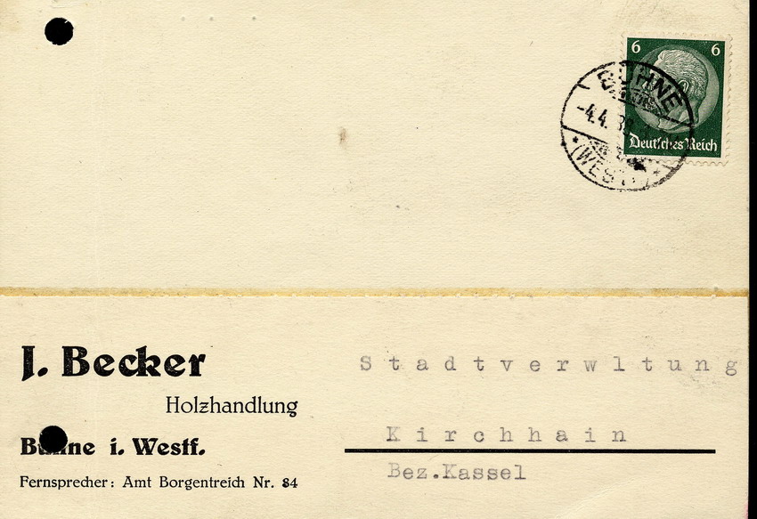 Die Firma J. Becker in Bühne /Westf.) an die Stadtverwaltung Kirchhain, btr. Besichtigung der Holzhandlung Z. Stern, 15. April 1938