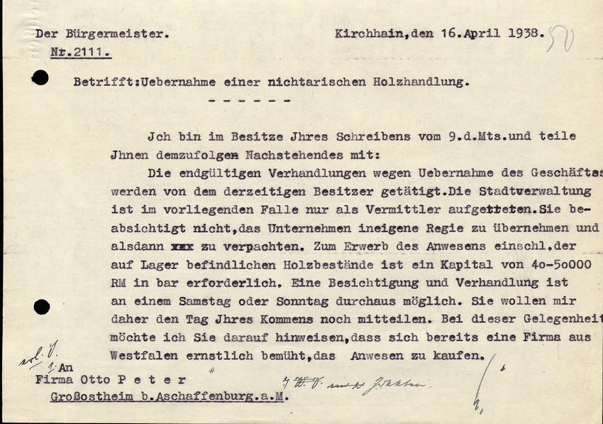Der Bürgermeister in Kirchhain an die Fr. Otto Peter in Grossostheim, btr. Übernahme der Holzhandlung Z. Stern, 16. April 1938