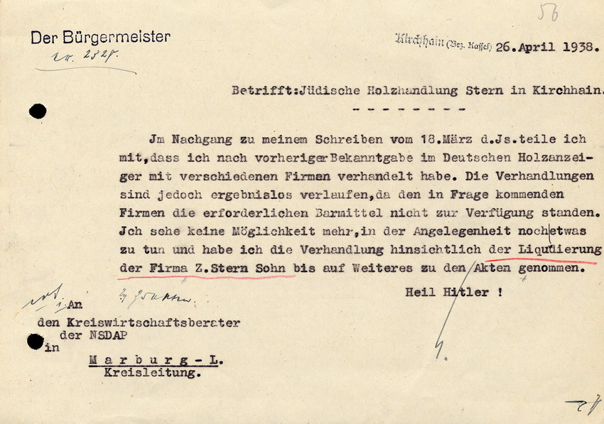 Der Bürgermeister in Kirchhain an den Kreiswirtschaftsberater der NSDAP in Marburg, btr. Verkauf der jüd. Holzhandlung Stern in Kirchhain, 26. April 1938