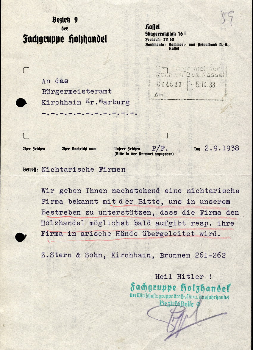 Die Fachgruppe Holzhandel an das Bürgermeisteramt in Kirchhain, btr. "Nichtarische Firmen", 2. Februar 1938