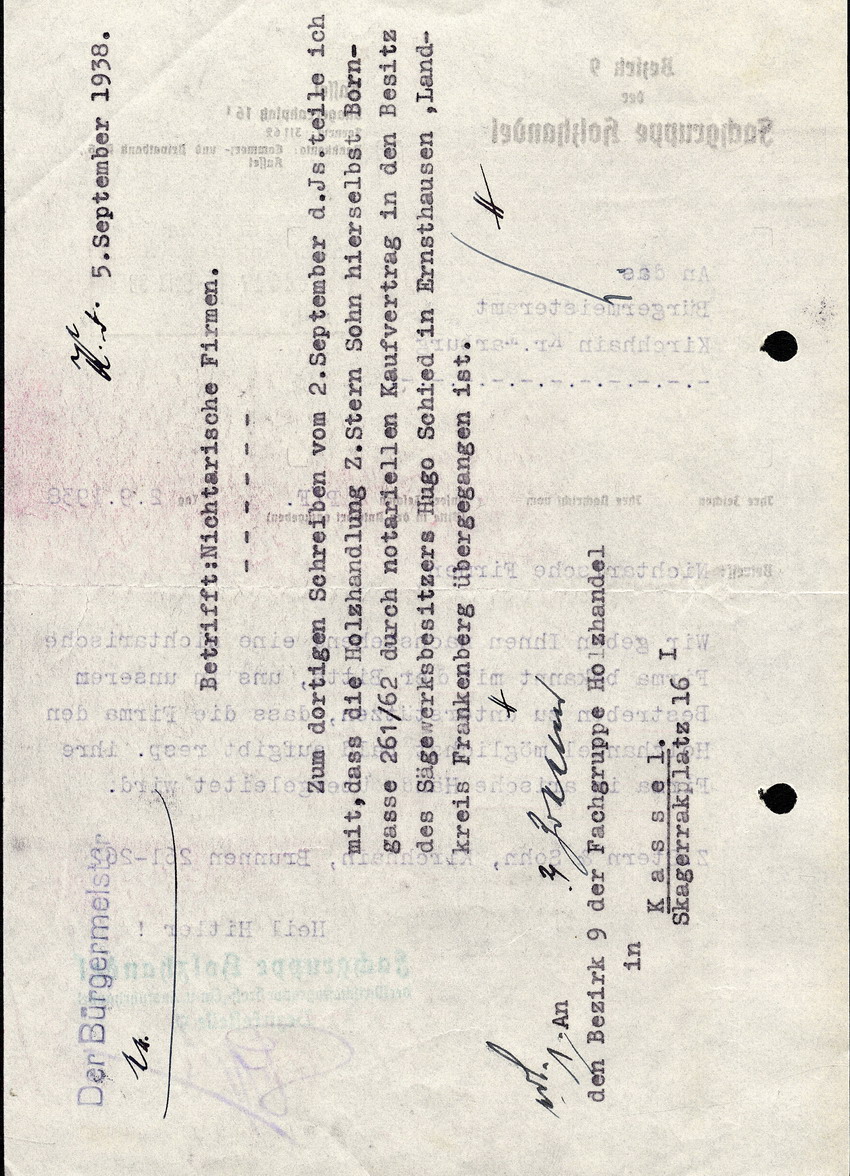 Die Fachgruppe Holzhandel an das Bürgermeisteramt in Kirchhain, btr. "Nichtarische Firmen", 2. Februar 1938