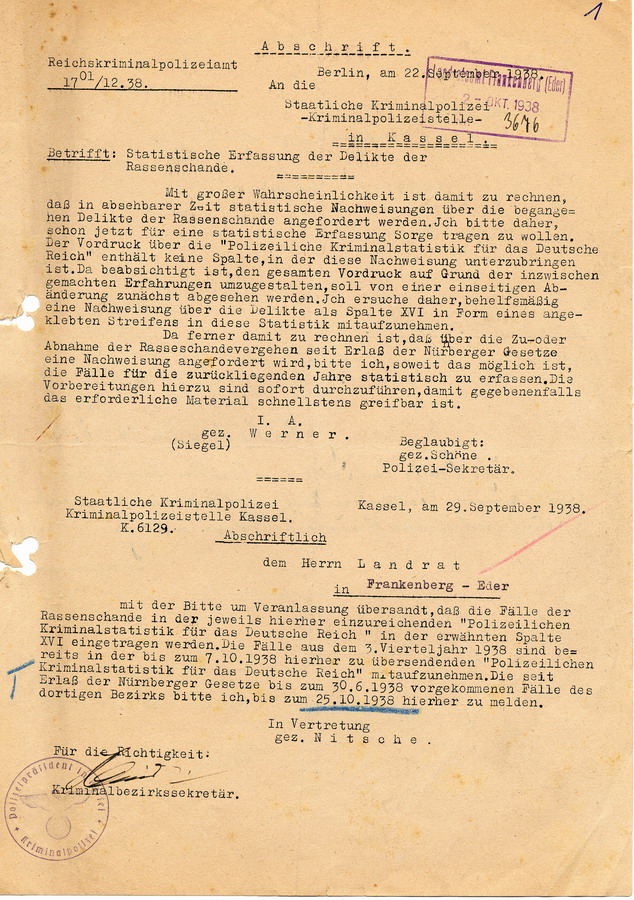 Abschrift eines Schreibens des Reichskriminalpolizeiamts in Berlin an die Staatliche Kriminalpolizei in Kassel. "Rassische" Straftaten sollen statistisch erfasst werden, 22. September 1938.