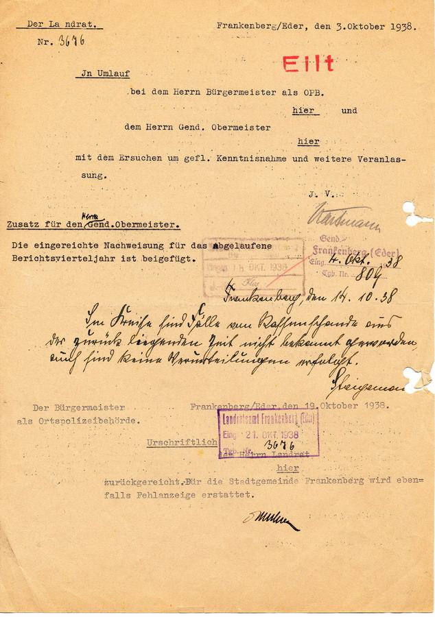 Abschrift eines Schreibens des Reichskriminalpolizeiamts in Berlin an die Staatliche Kriminalpolizei in Kassel. "Rassische" Straftaten sollen statistisch erfasst werden, 22. September 1938.