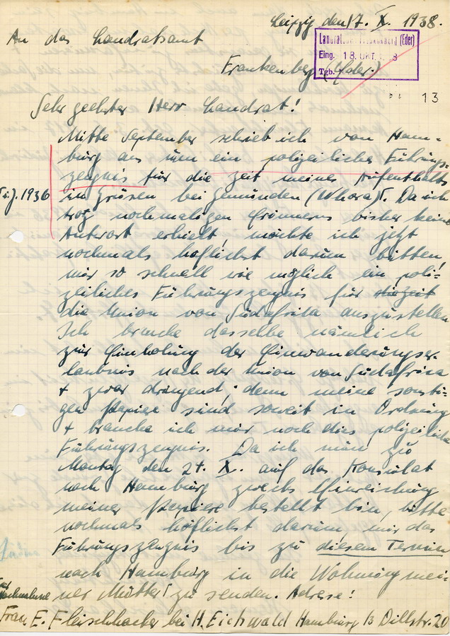 Schreiben von Hermann Fleischhacker in Leipzig an den Landrat in Frankenberg. Bitte um Zusendung eines polizeilichen Führungszeugnisses, 17. Oktober 1938
