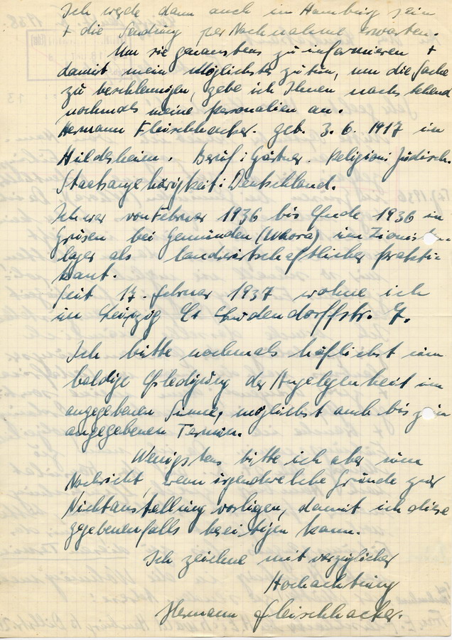 Schreiben von Hermann Fleischhacker in Leipzig an den Landrat in Frankenberg. Bitte um Zusendung eines polizeilichen Führungszeugnisses, 17. Oktober 1938
